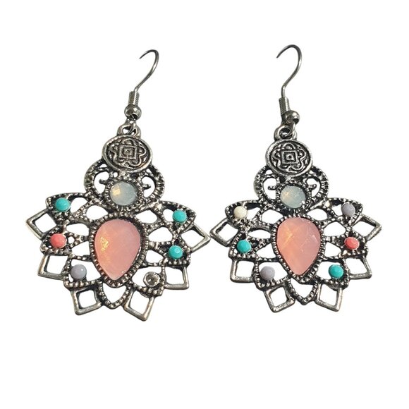 Bohemian Silver Tone Drop Earrings Pink Accents Multicolor Acrylic Bead Gift - Picture 2 of 4